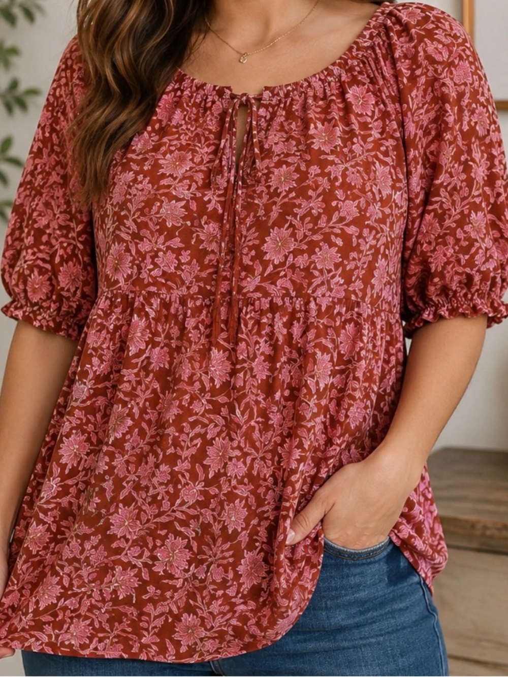 Universal Thread Boho Blouse XL Floral Peasant Top Rust Pink Flowy
